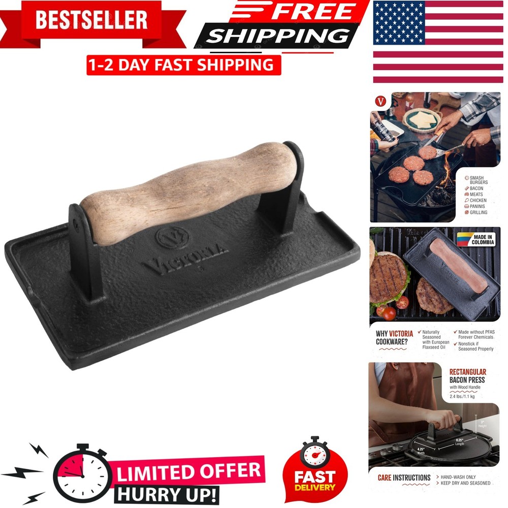 Cast Iron Panini Press, Burger Press, Bacon Press, Grill Press, Seasoned with...