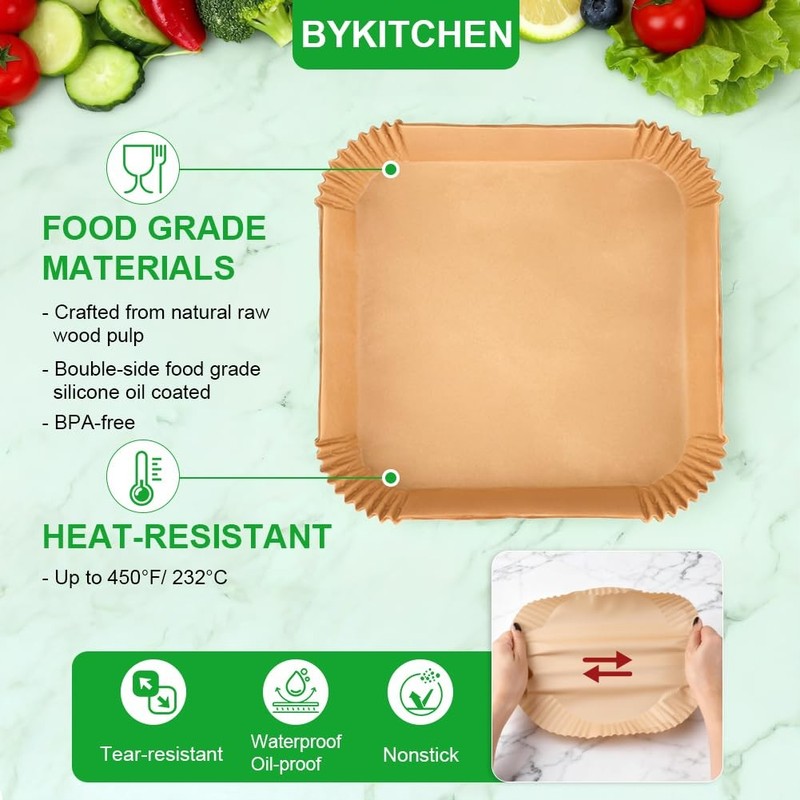 BYKITCHEN Large Air Fryer Liners for 10 inch 8-12 QT-200PCS, Nature gallery