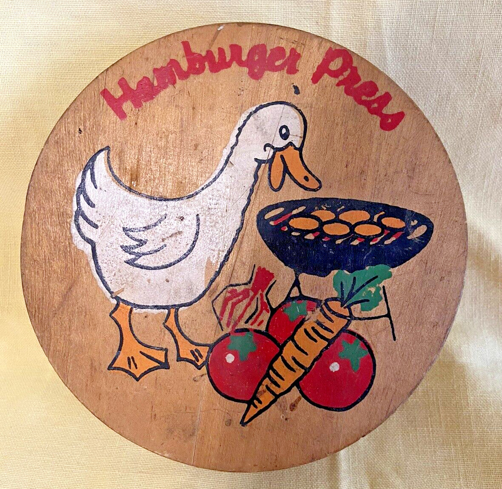 Wooden Hinged Hamburger Press - Duck Grilling Image on Front Vintage
