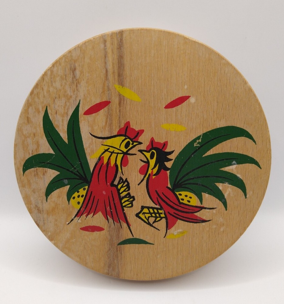 Vintage MCM Rooster Hand Painted Wood Wooden Hamburger Press Wall Plaque