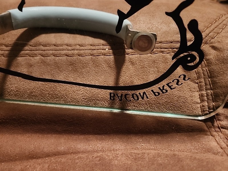 Prepology 2 lb Glass Bacon Burger Press Pig Decal Gray Comfort Grip Handle FP gallery