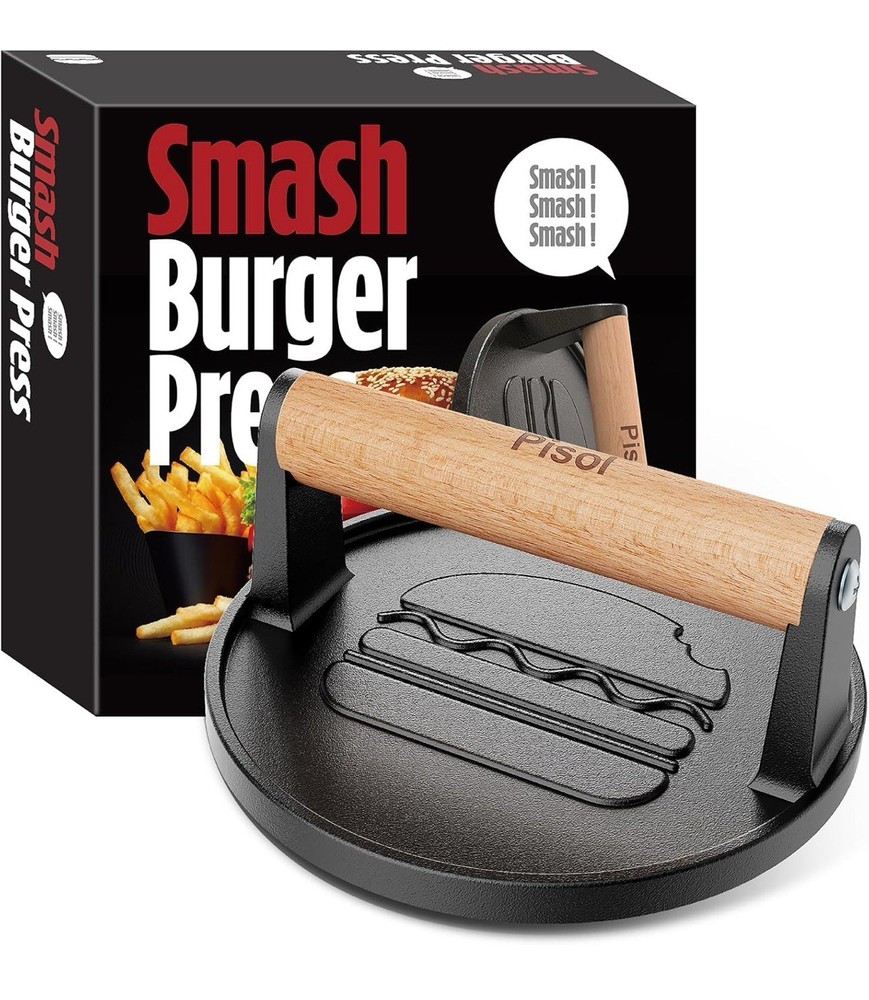 Pisol Smash Burger Press, Pre-Seasoned Cast Iron Hamburger Smasher, 2 lb No Box