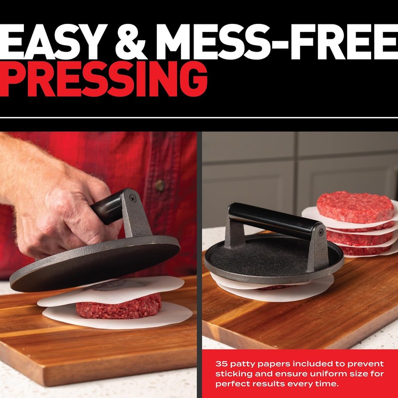 Smash Burger Press Kit - 7'' Flat Bottom Round Premium Cast Iron with 35 Pcs gallery