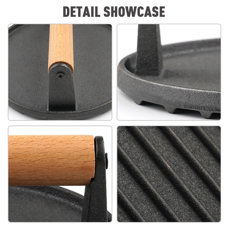 Round Meat Pressing Plate with Wood Handle Non-Stick Iron Burger Press Pan gallery