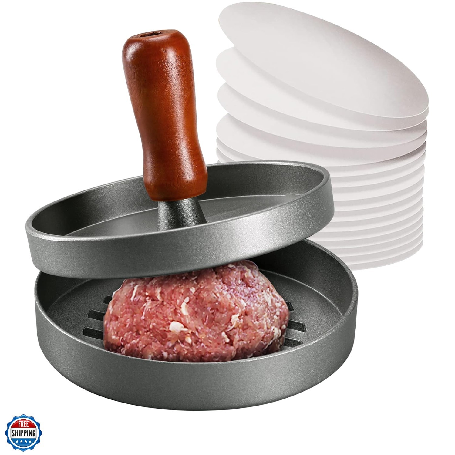 Burger Press Patty Maker Stainless Steel Hamburger Patty Press Mold Wood Hand... gallery