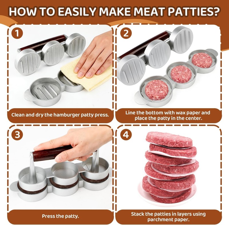Mini Burger Press 3 Slots Slider Sausage Patty Press W/ 100 Patty Papers Heavy gallery