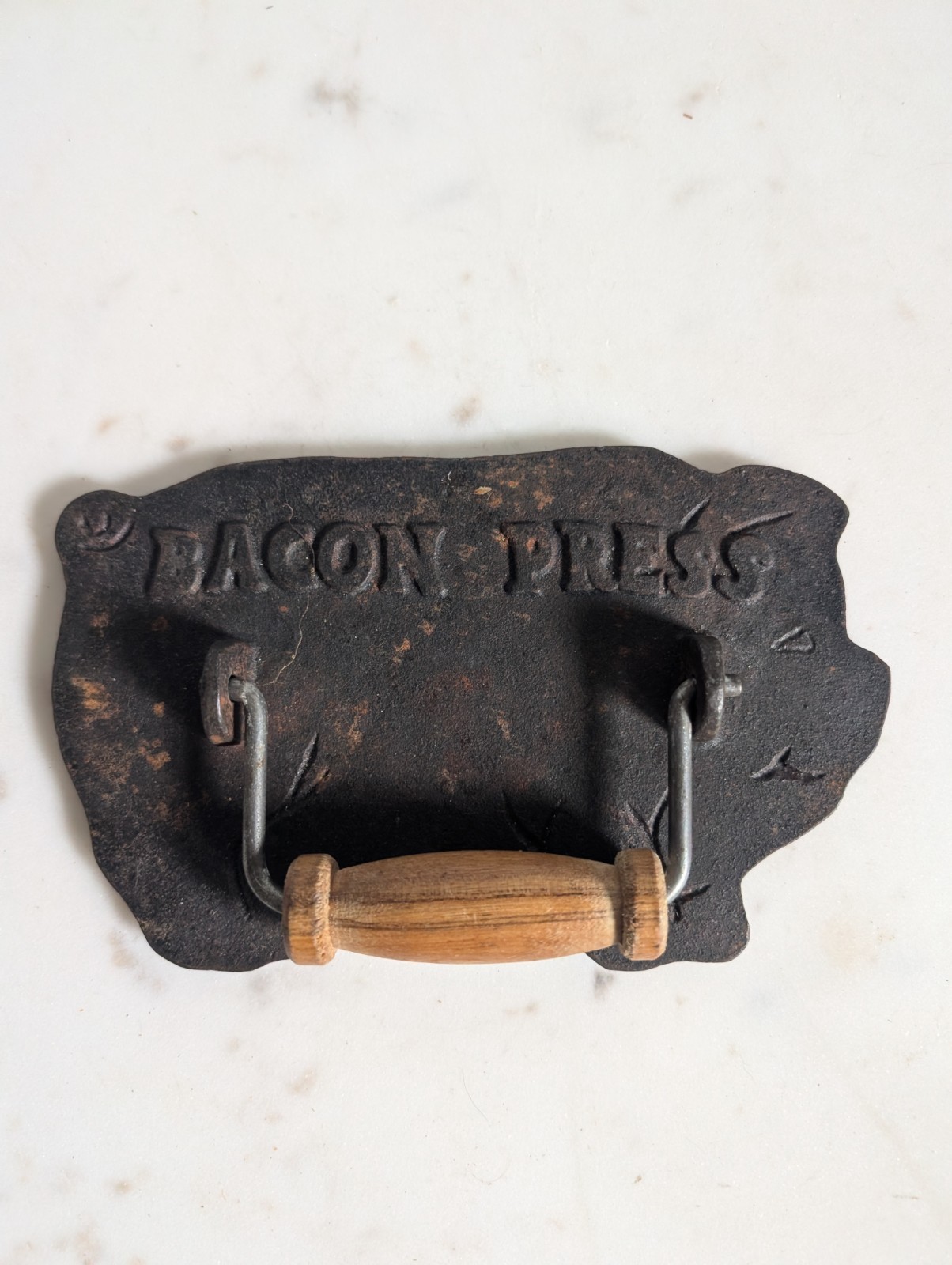 Cast Iron Bacon Press Pig Shape Grill Press Burger Smasher Wood Handle gallery