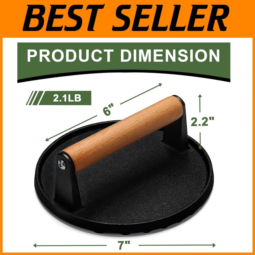 Round Cast Iron Meat Press with Wood Handle