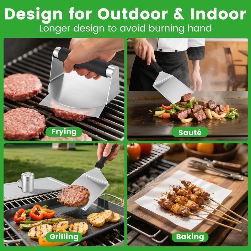 Smashed Burger Press Kit with Stainless Steel Press, Grill Spatula, Seasoning... gallery