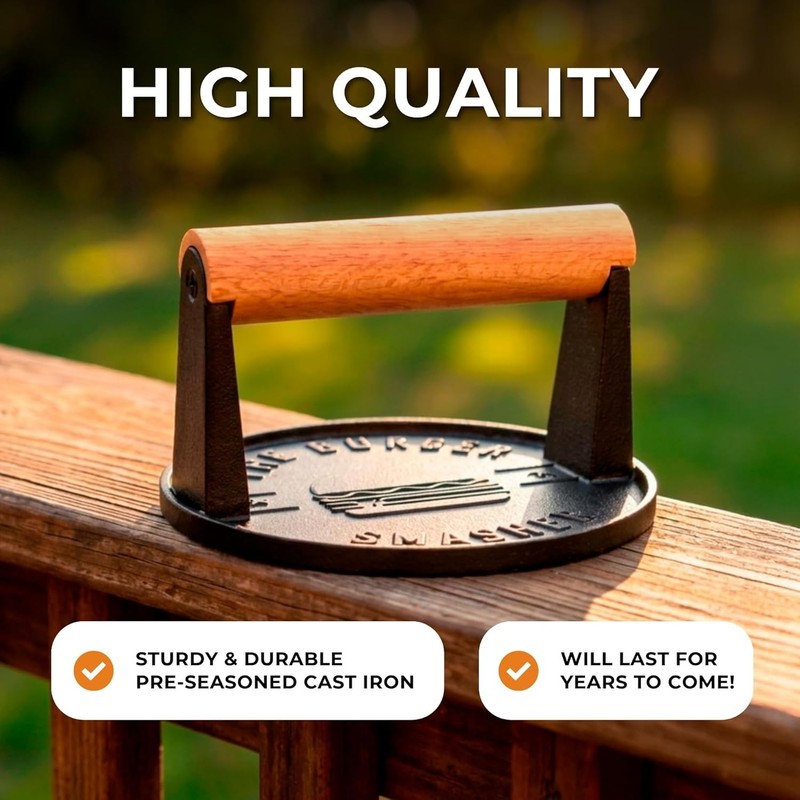 Pre-Seasoned Heavy Duty Cast Iron Smash Burger Press Kit - Heat Resistant Bur... gallery