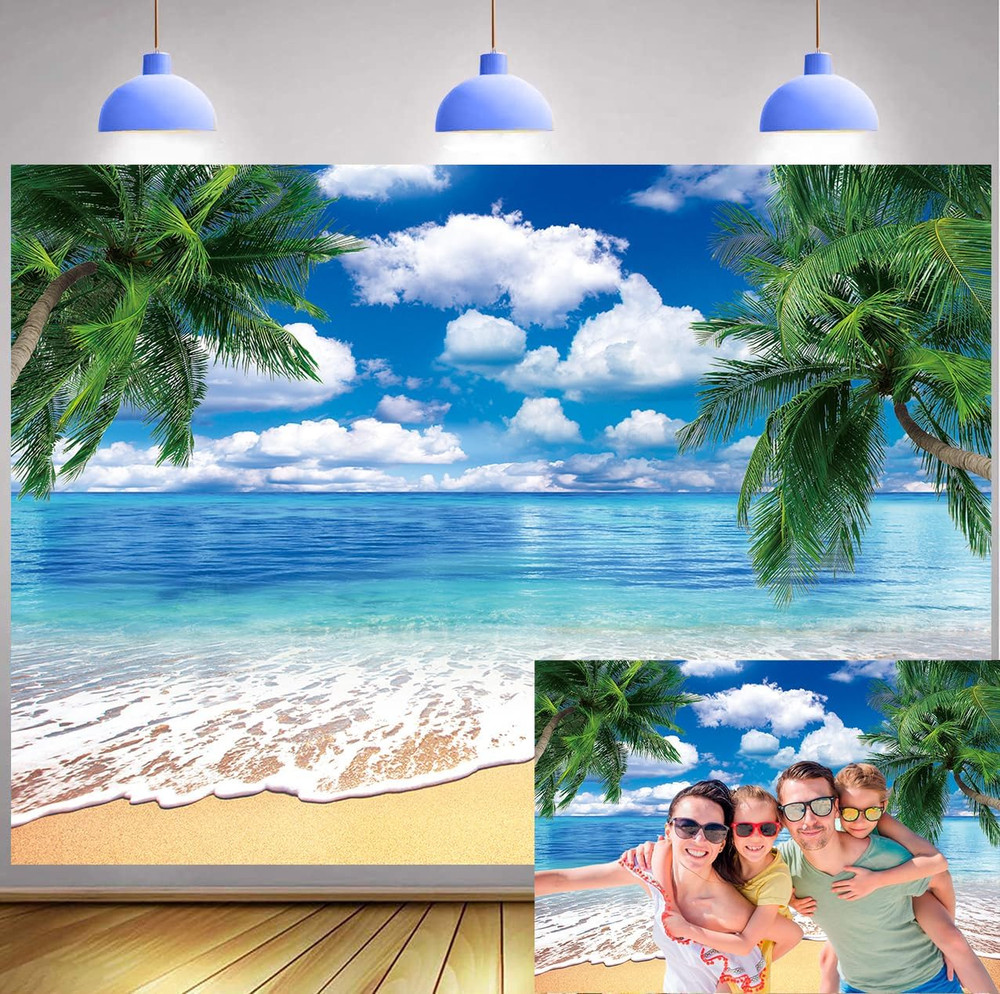 10X8Ft Summer Beach Backdrop, Tropical Palm Leaves, Hawaiian Photo Background