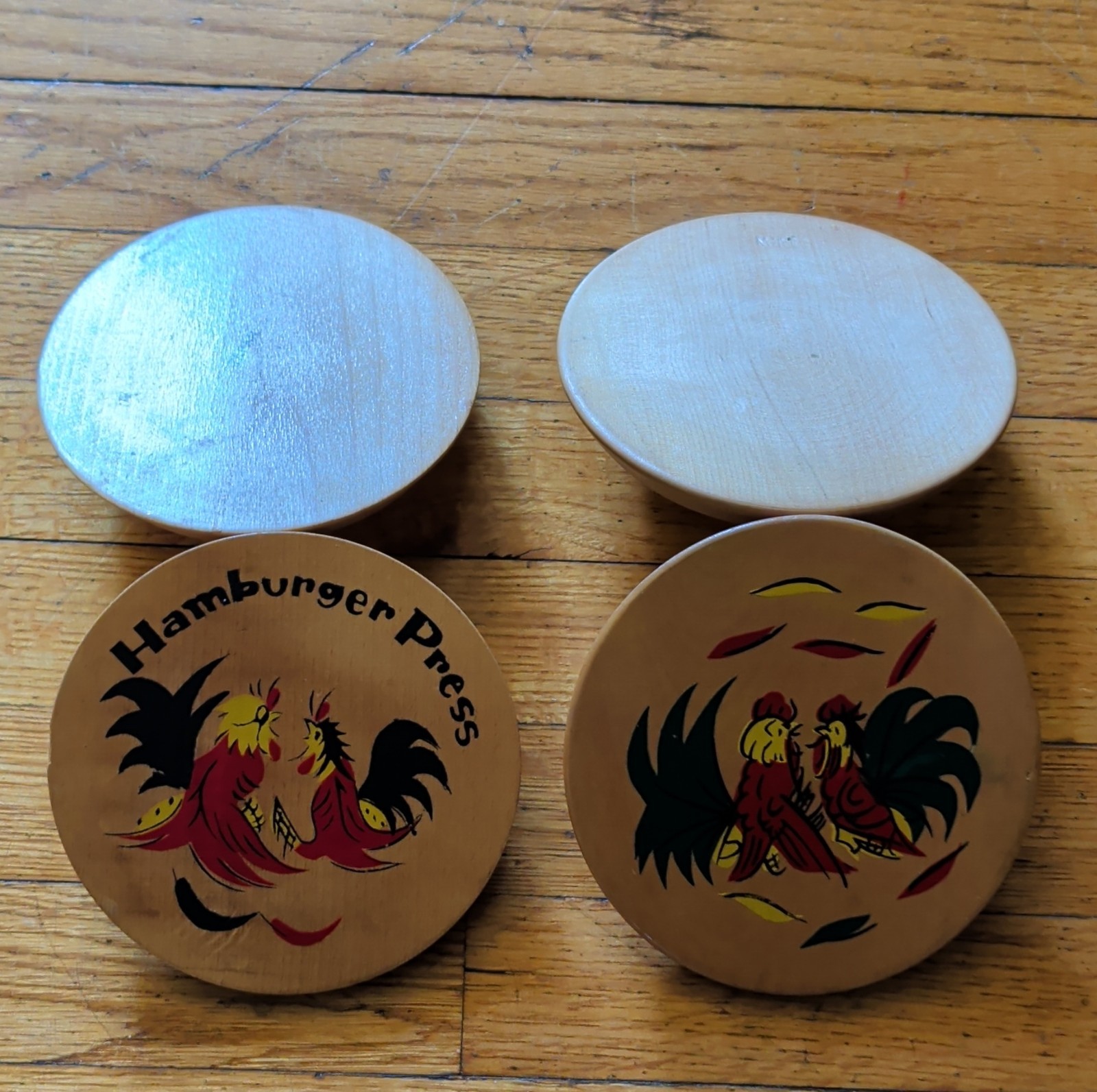 Wooden Hamburger Press Decorative Rooster Design Brown Red Black Yellow Medium gallery