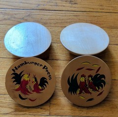 Wooden Hamburger Press Decorative Rooster Design Brown Red Black Yellow Medium