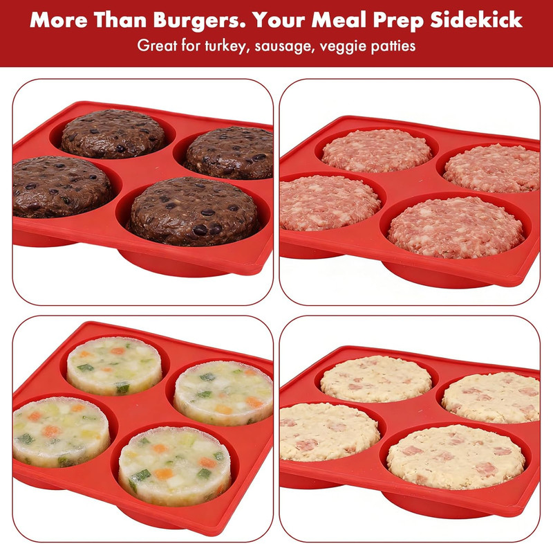 Silicone Burger Patty Maker & Freezer Tray, Grilling Cookware 4-Cavity Mold with gallery
