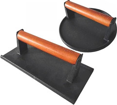 Cast Iron Burger Press Round & Rectangle Smash Meat Grill Press Wood Handle