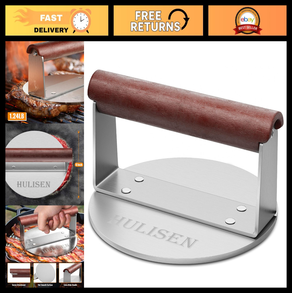 Stainless Steel Burger Smasher Press - 6" Heavy-Duty Grill Tool with Wood Handle