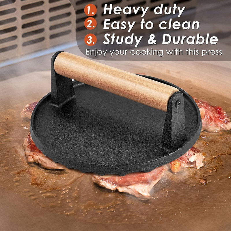Single Cast Iron Grill Press, Heavy Duty 7In Bacon Burger Press with Wooden Hand gallery