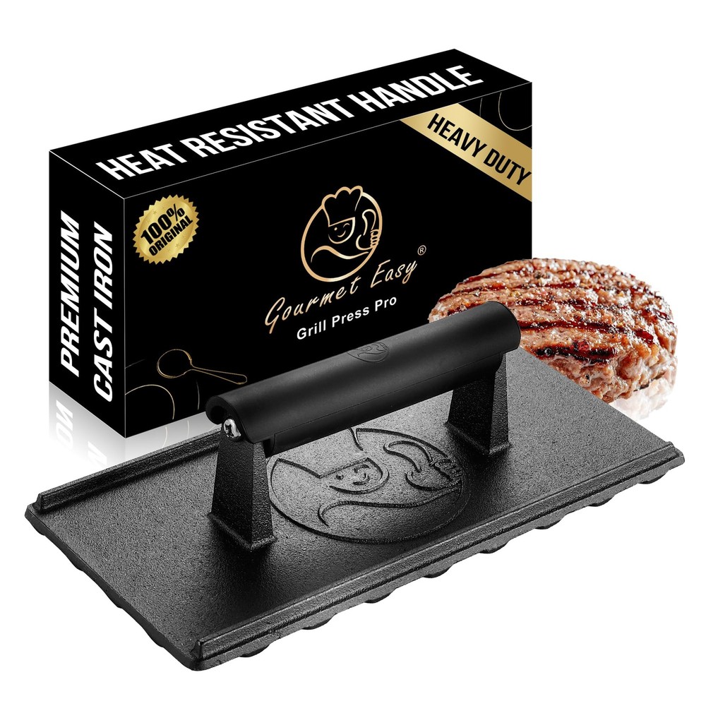 3lb Cast Iron Grill Press, Heavy Duty Smash Burger Press for Griddle Handle, ...