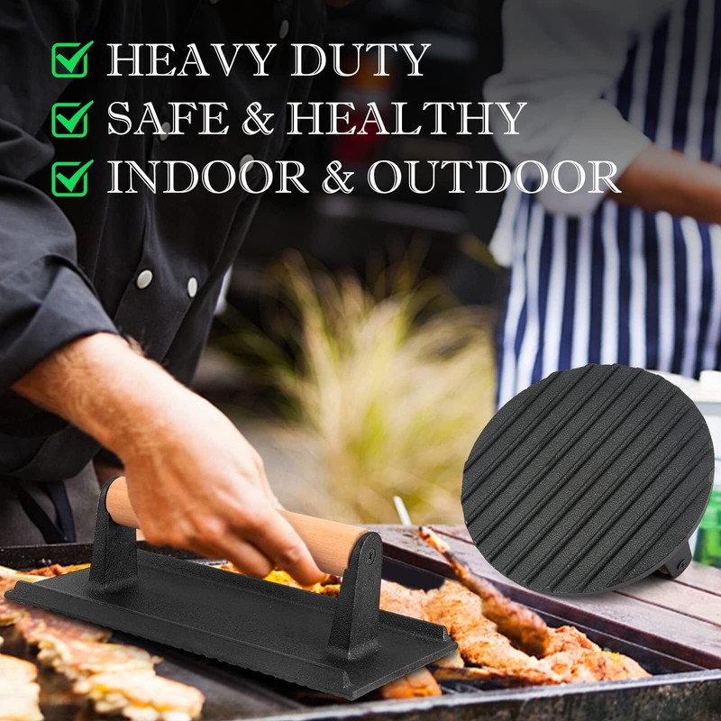 2 Pcs Cast Iron Bacon Press Round 7In & Rectangular 8x4In Grill Press for BBQ gallery