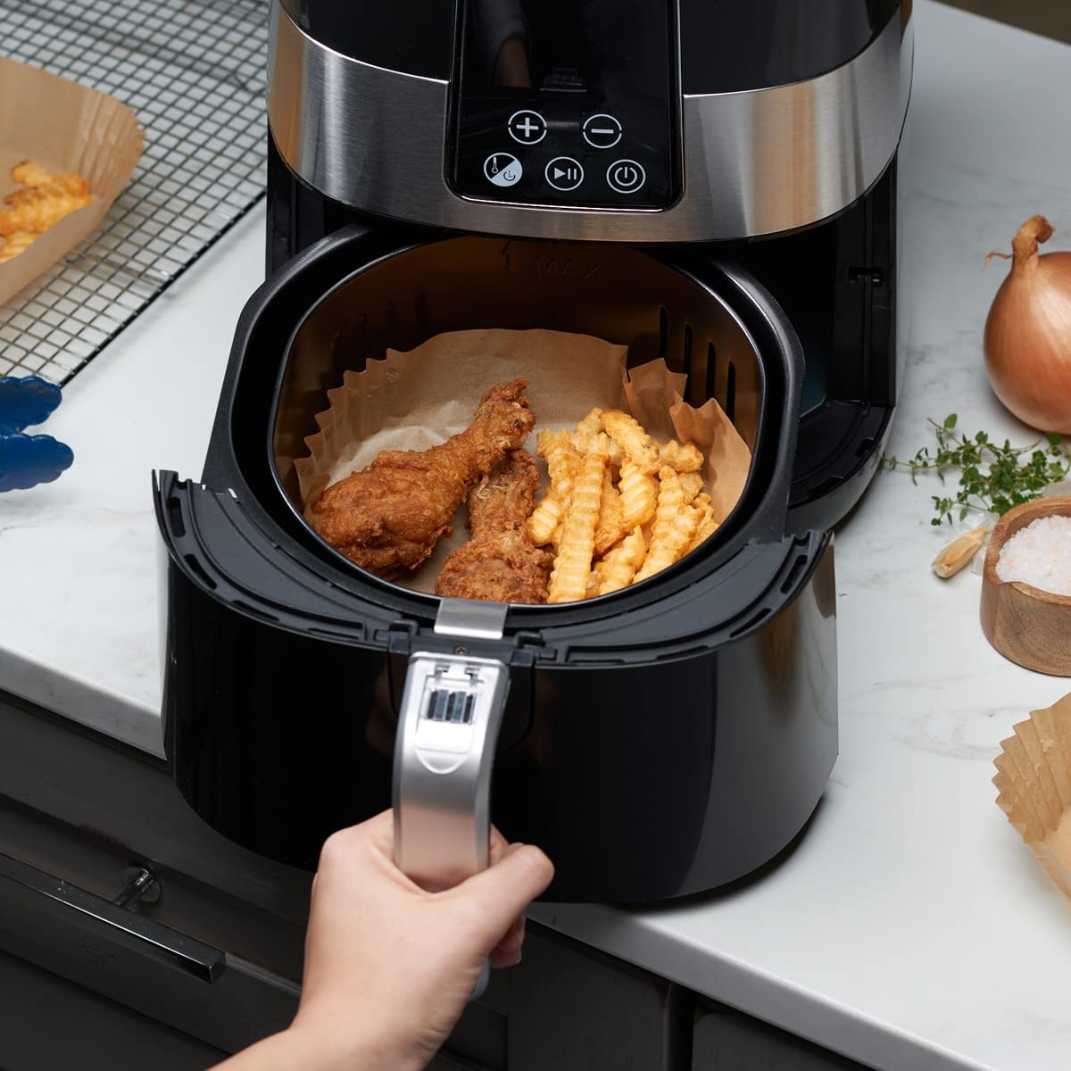 GUSTO [6.5 Inch - 125 Count] Square Air Fryer Liners 6.5 Inch, Kraft gallery