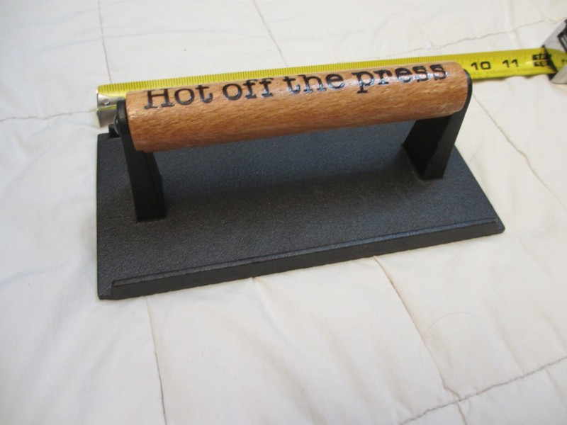 HOT OFF THE PRESS branded WORD print MEAT weight GRILL cast iron wood handle gallery