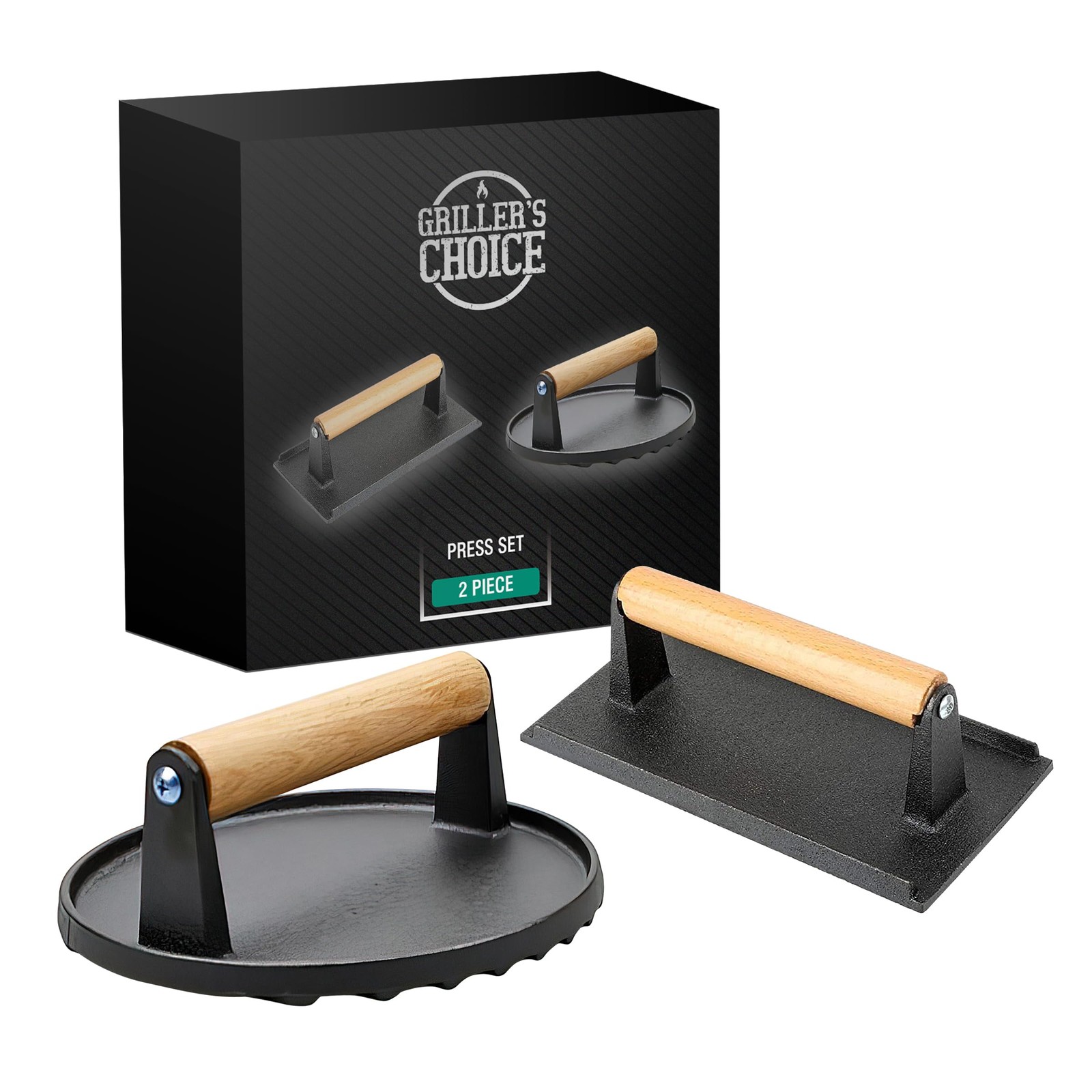 Bacon Press And Grill Press 2 Piece Set Cast Iron Meat Hamburger Smasher gallery