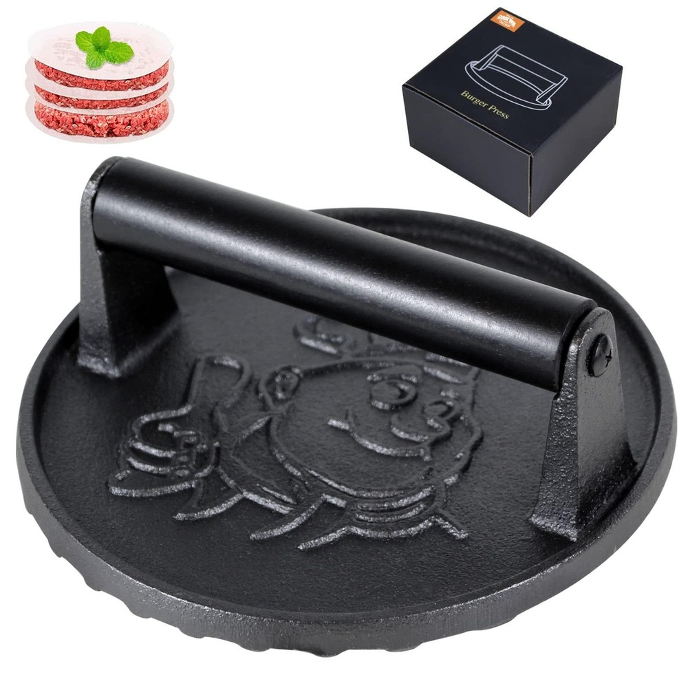 COOKWIN 7" Cast Iron Smash Burger Press Kit, Heavy-Duty 7 inch Black