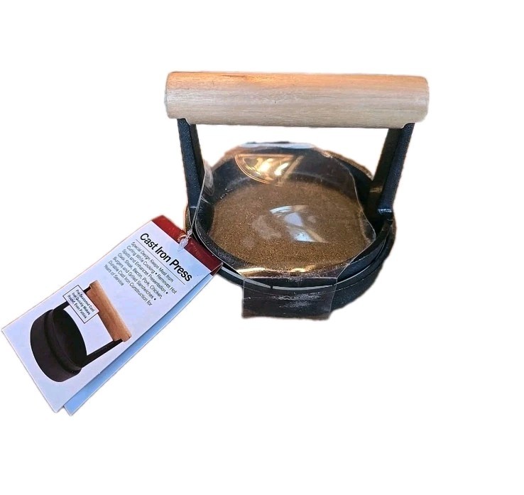 Cast Iron Burger Grill Press Mr.Bar B Q PreSeasoned Cast Iron w/wood Handle gallery