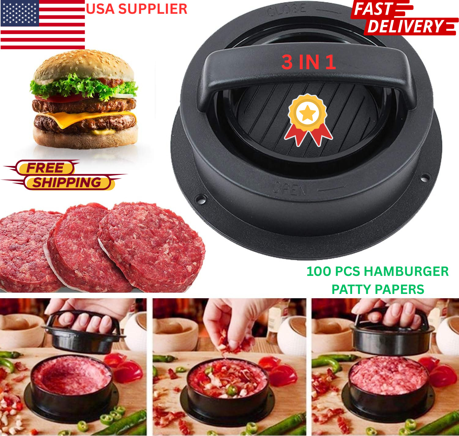 3IN1 Burger Press Patty Maker Stuffed Hamburger Mold BBQ Tool &100PCS Wax Papers gallery