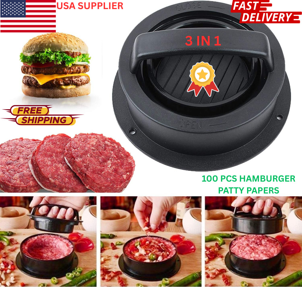 3IN1 Burger Press Patty Maker Stuffed Hamburger Mold BBQ Tool &100PCS Wax Papers