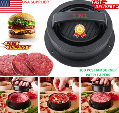 3IN1 Burger Press Patty Maker Stuffed Hamburger Mold BBQ Tool &100PCS Wax Papers