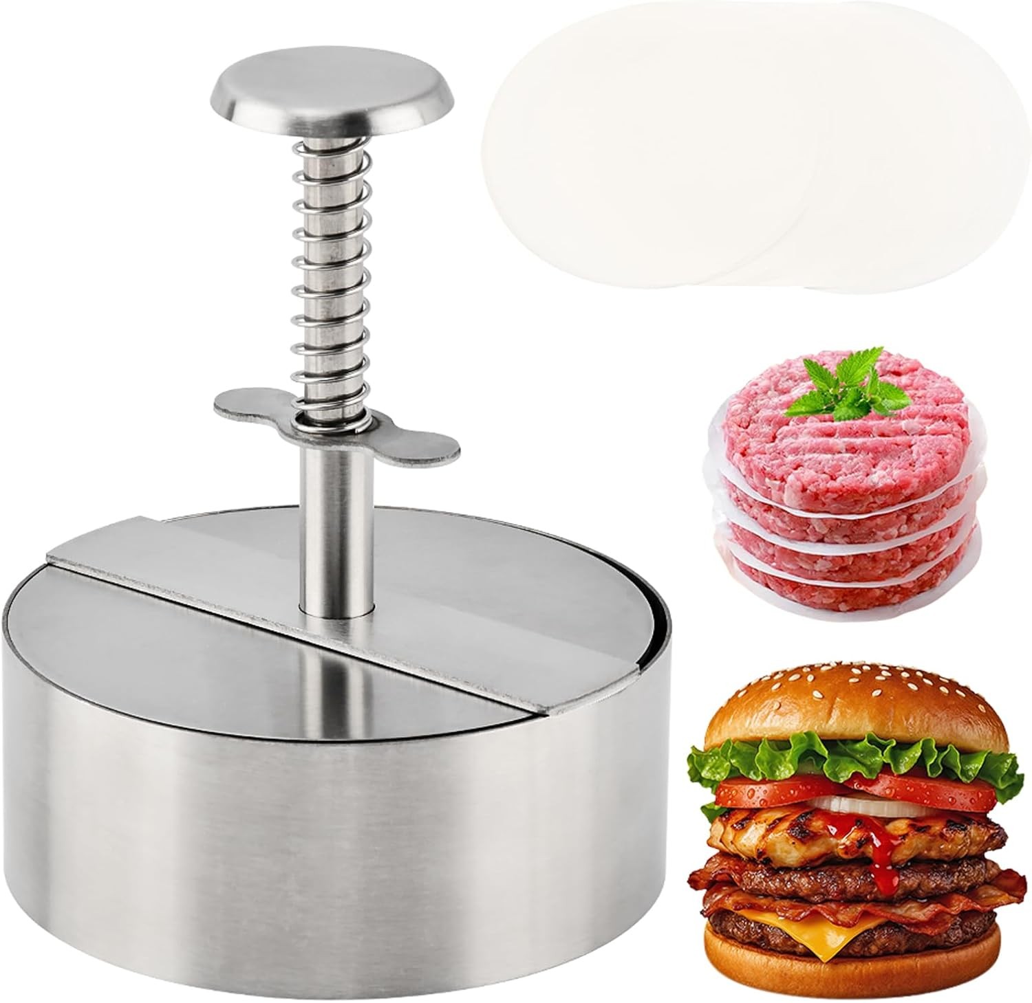 Burger Press 4.5 Inch 304 Stainless Steel Hamburger Patty Maker W/ Spring Button gallery