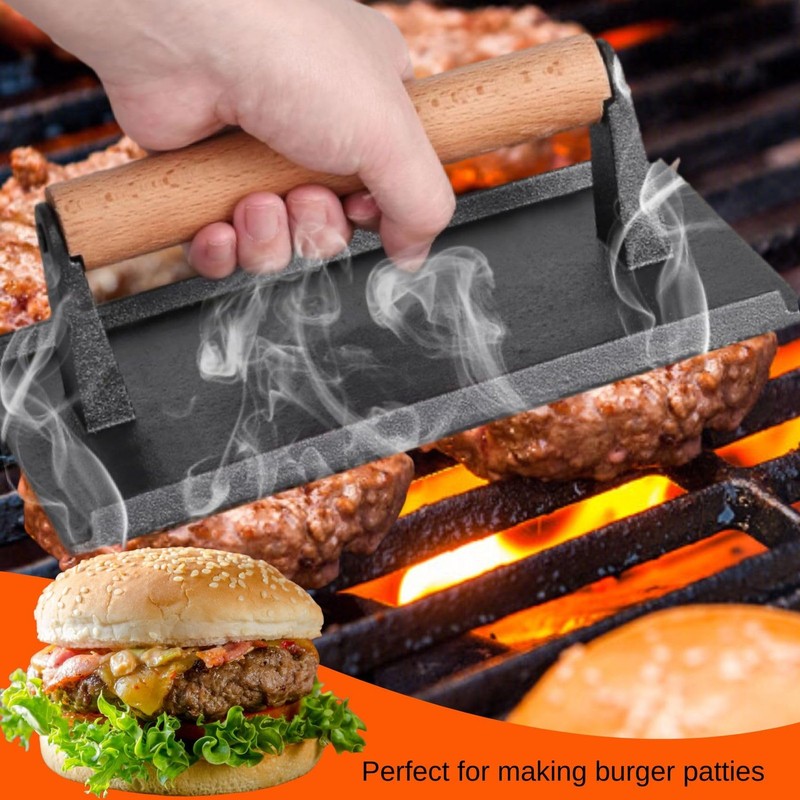 Cast Iron Grill Press Bacon Burger Meat Flattener Wood Handle 8.1x4.2in gallery