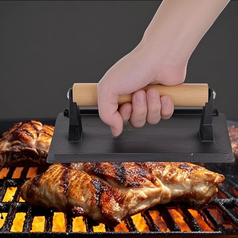 Heavy Duty Cast Iron Grill Press Wooden Handle Bacon Steak 8x4 In 2 PCS gallery