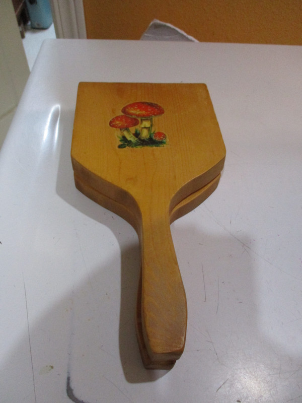 VTG 70s Wooden Hamburger Patty Press Handle Wall Hanging Mushroom Design 12"x5" gallery