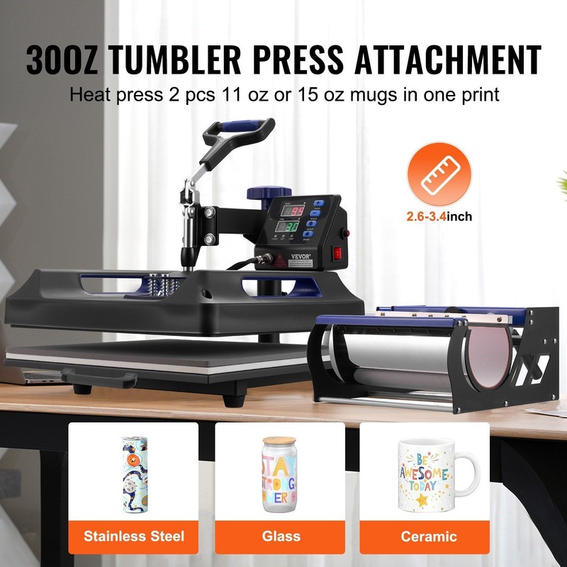 15x15in 8-Function Swing-Away Heat Press, 30oz Tumbler Support, Teflon, Digital gallery