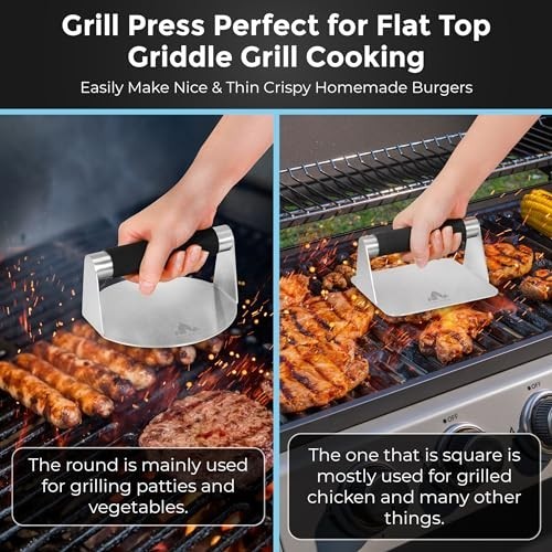 Stainless Steel Burger Press 5.5" Round & Square - Non-Stick Meat Masher + 100 P gallery