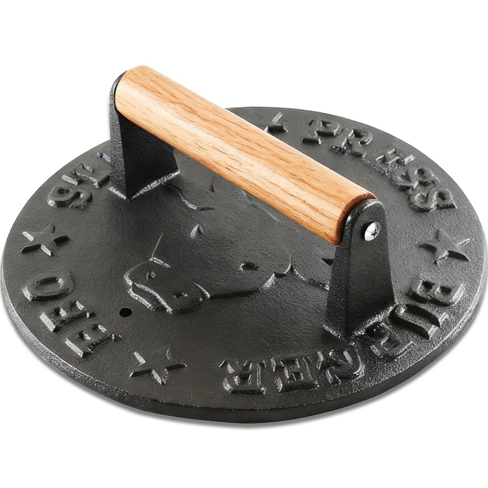 Cast Iron Burger Press 4.1lb Heavy Duty Grill Weight Bacon Press Wood Handle