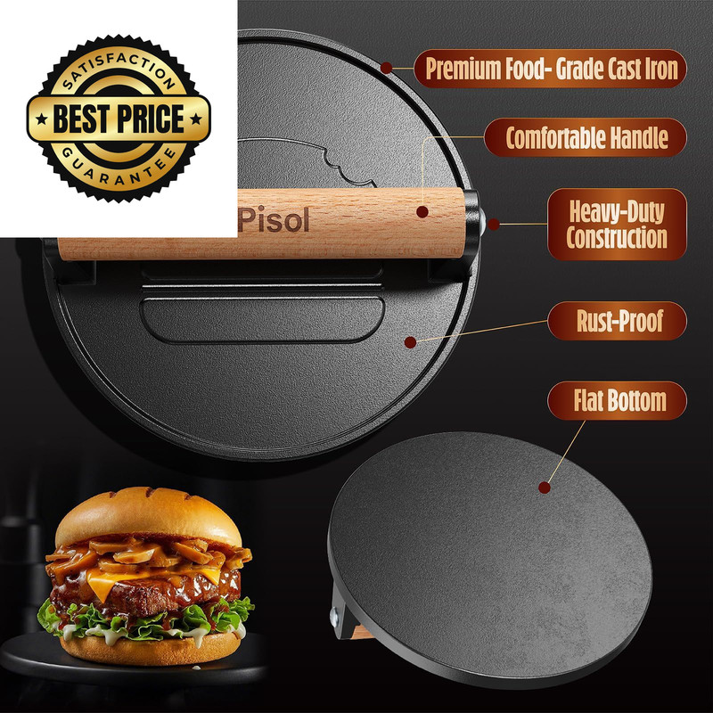 Pisol Smash Burger Press, Pre-Seasoned Cast Iron Hamburger Smasher, 2 Round gallery