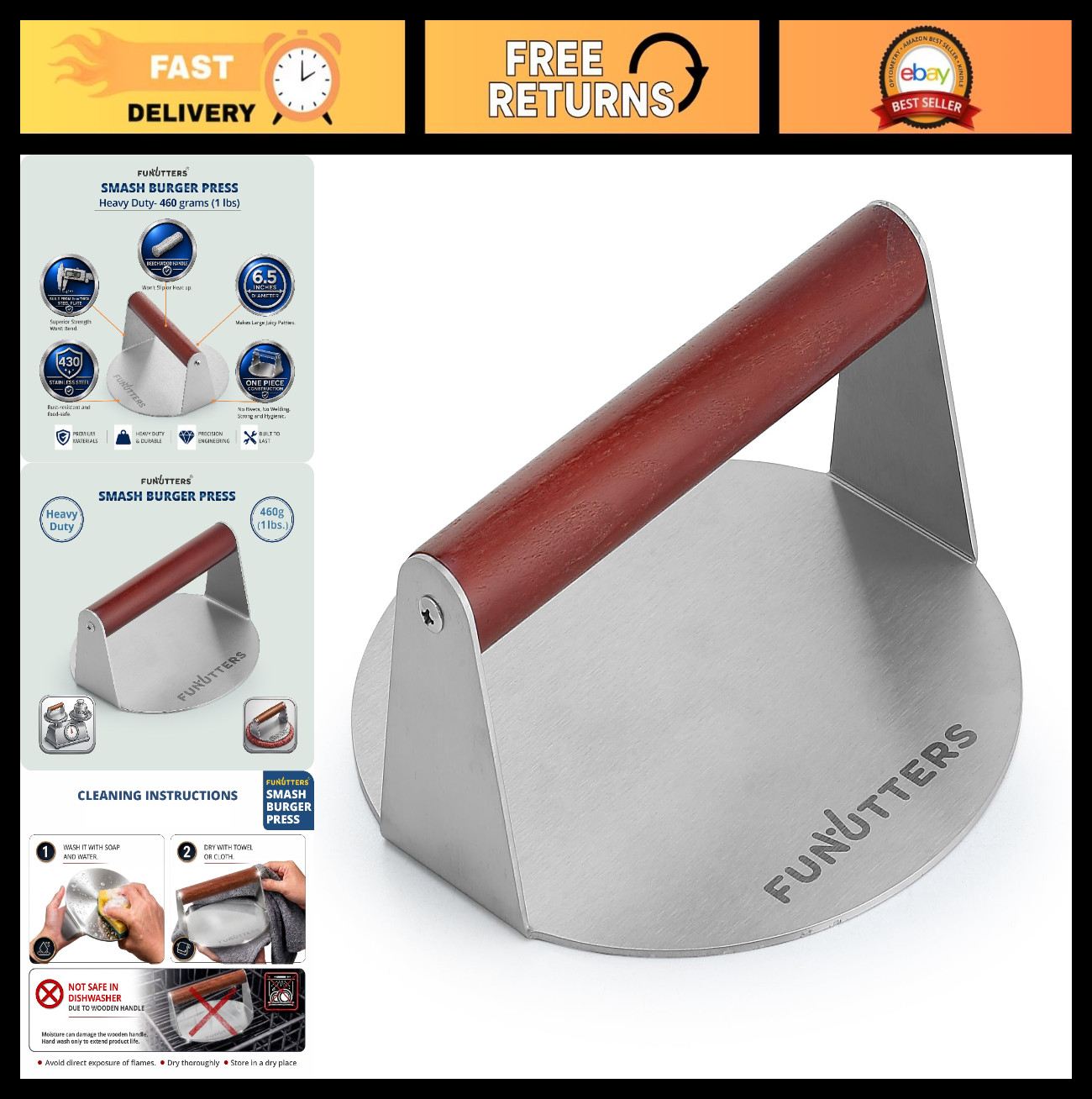 6.5" Heavy-Duty Burger Press Patty Maker - Stainless Steel BBQ Grill Tool, Comme gallery