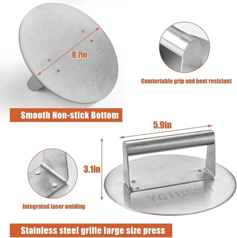 Stainless Steel Bacon Press 8.7 Inch round Heavy Duty BBQ Press with Heat Resist gallery