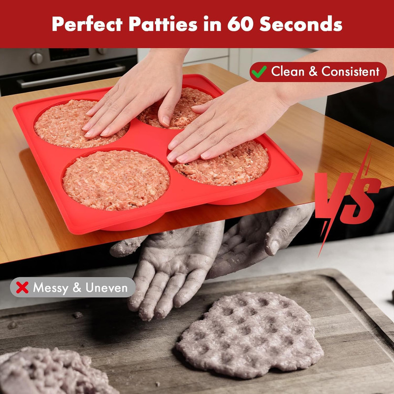 Silicone Burger Patty Maker & Freezer Tray, Grilling Cookware 4-Cavity Mold with gallery