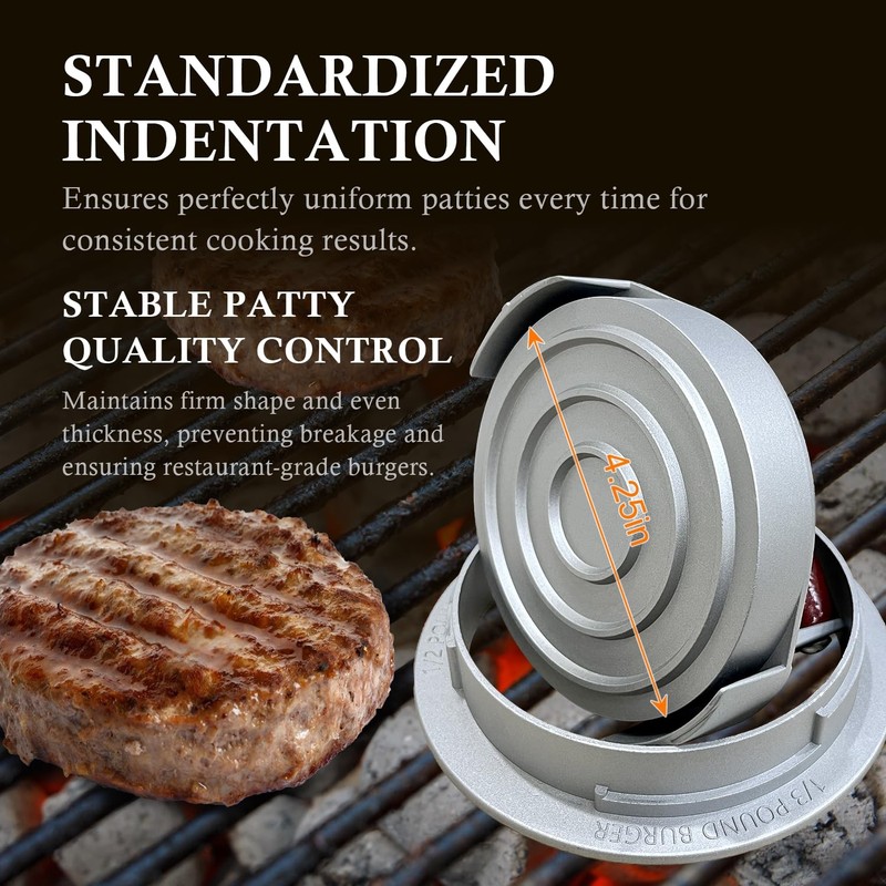 EQUNROY Hamburger Press Patty Maker, 3-in-1 Adjustable Burger Shaper silver gallery
