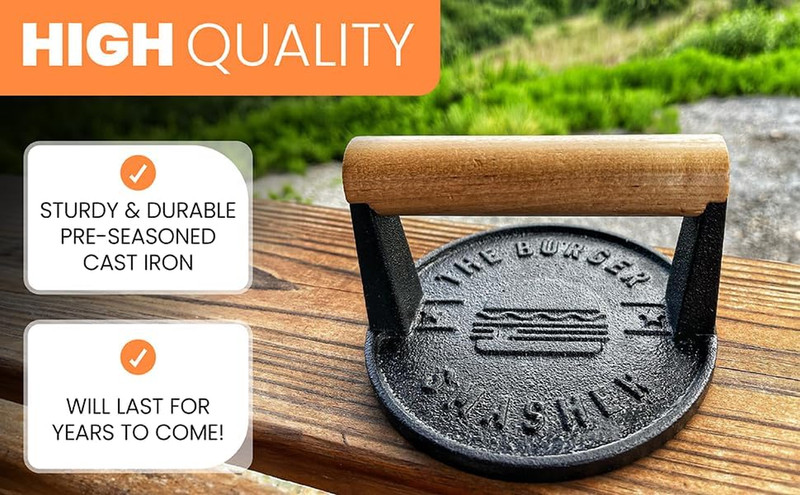 The Burger Smasher™ Pre-Seasoned Heavy Duty Cast Iron Smash Burger Press Kit - H gallery