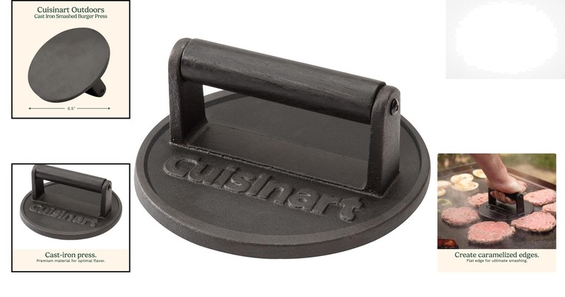 Cuisinart 6.5" Cast Iron Smashed Burger Press, round Flat Edge Grill Press gallery