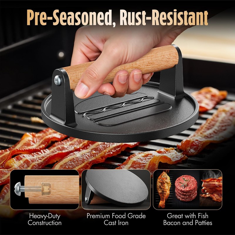 Pisol Smash Burger Press, Pre-Seasoned Cast Iron Hamburger Smasher, 2 Round gallery