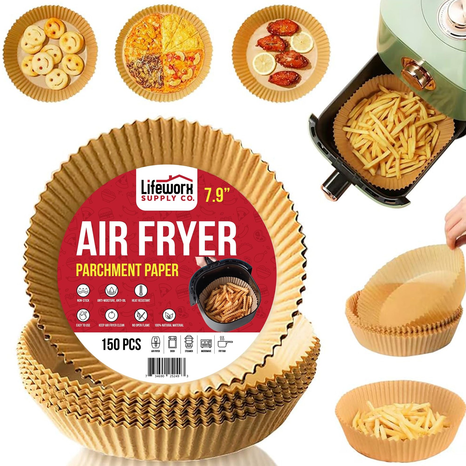 Air Fryer Disposable Paper Liners, 150 Pcs All-Natural, 7.9" Round, Brown gallery
