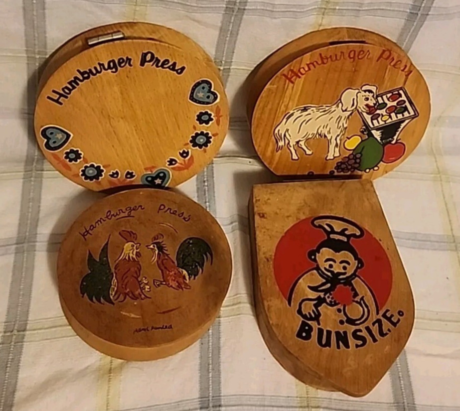 (4) Vintage Wooden Hamburger Presses Handpainted Rooster / Misc Decor Japan gallery