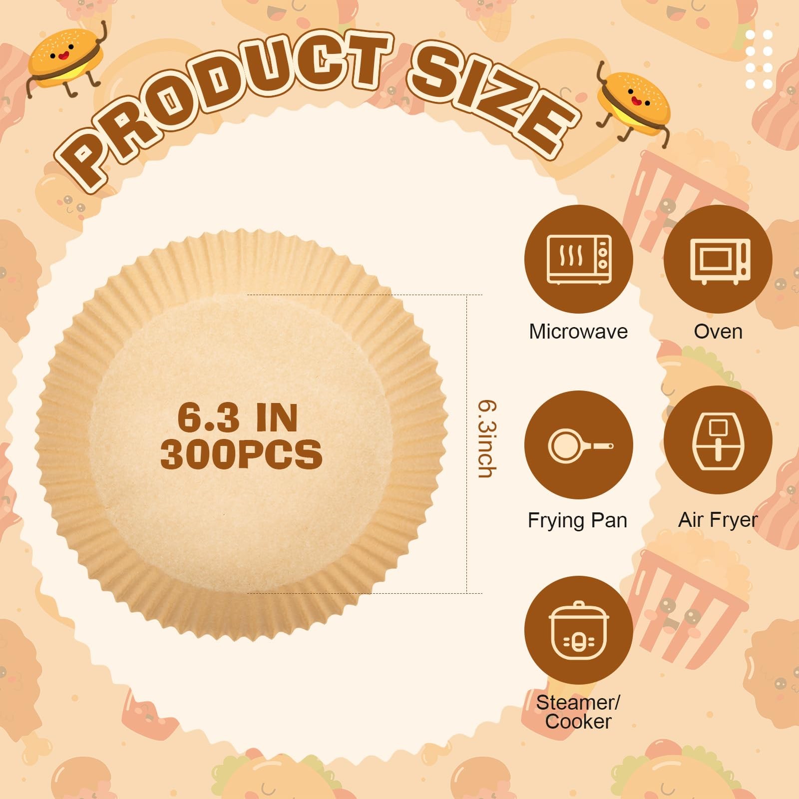 Honeydak 300 Pcs Air Fryer Liners Disposable Bulk, 6.3/8/9 6.3 Inch, Brown gallery