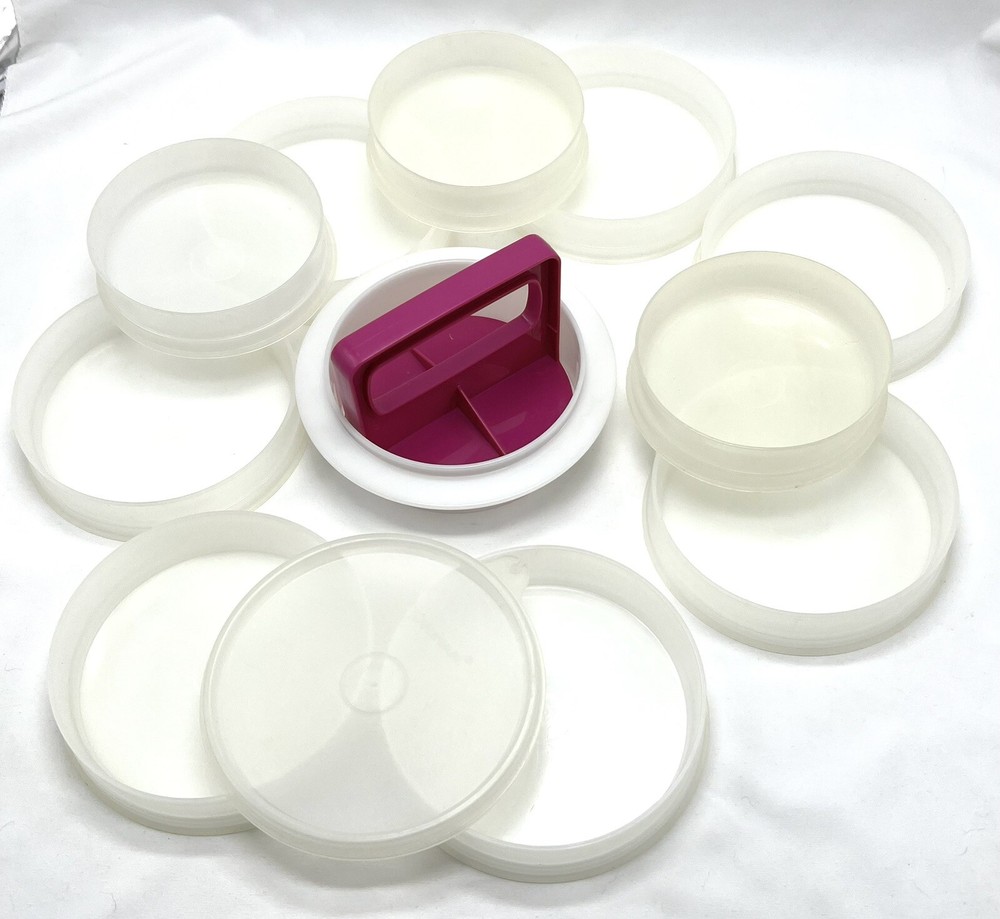 VTG Tupperware Hamburger Patty Press 3 #882 & 7 #1927 Keepers 1Lid & 1 Press USA